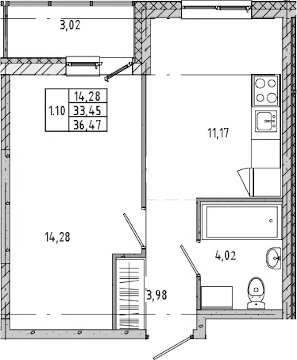 1-комнатная квартира 32.66 м², 4/12 эт., ЖК «Новые горизонты 2»